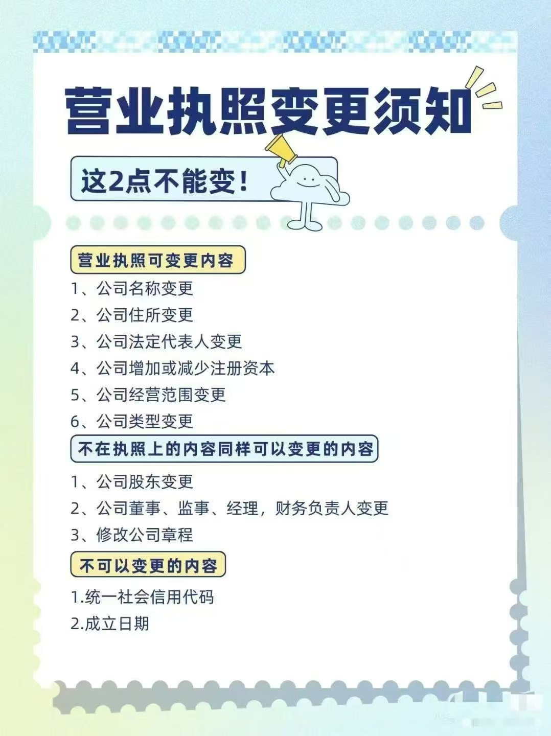 營業(yè)執(zhí)照無論怎么變更其中兩樣都不會變